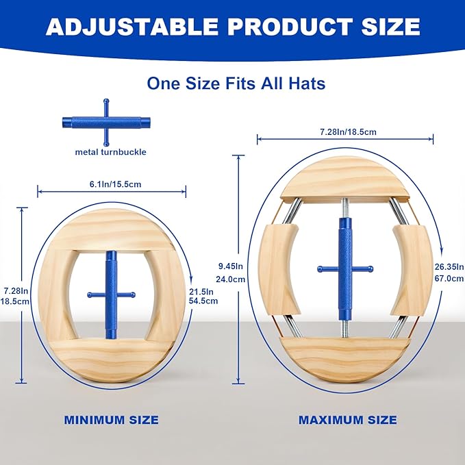 4 Way Hat Stretcher, Hat Stretcher for Fitted Hats, Heavy Duty Hats Shaper Extender w. Lever Wrench for Men All Kind of Caps