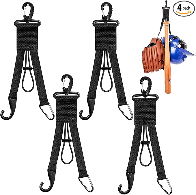 Deekin 4 Pcs Baseball Softball Gear Hanger 3 in 1 Dugout Organizer Bat Holder with Glove Clip and Helmet Hook for Fence Bag Water Bottle Hiking Camping (Black)