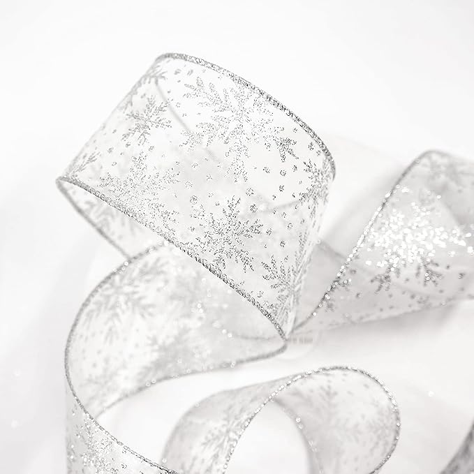 CT CRAFT LLC Organza with Silver Glitter Snowflakes Wired Ribbon 2.5 inch x 50 - Image 3