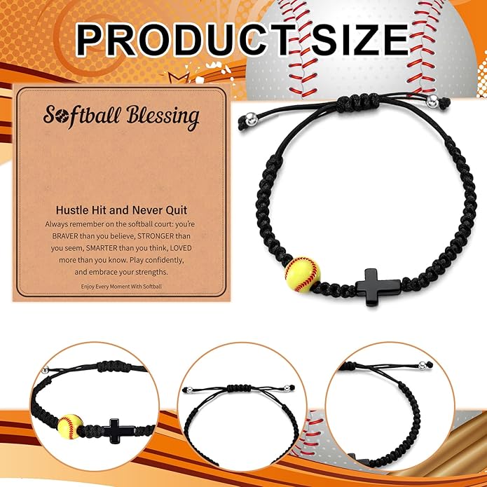 Tondiamo 12 Set Christian Cross Balls Bracelets Gifts Adjustable Baseball Volleyball Softball Woven Jewelry Charm Bracelets with Inspirational Cards for Team Gifts Sports Lover