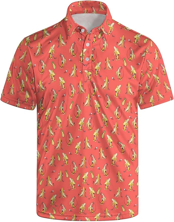 HUURAY Funny Golf Polos for Men Funny Print Short Sleeve Shirts Quick Dry Polo Shirts Hawaiian Shirt Performance Golf Outfits