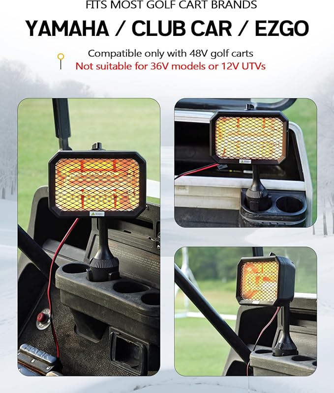 Xislet Golf Cart Electric Heater [2-Second Quick Heat] 400W Quiet & Safe Carbon Fiber Golf Cart Heater, Easy to Install Battery Powered Heater, Stable Fit 48V Club Car/Yamaha/EZGO