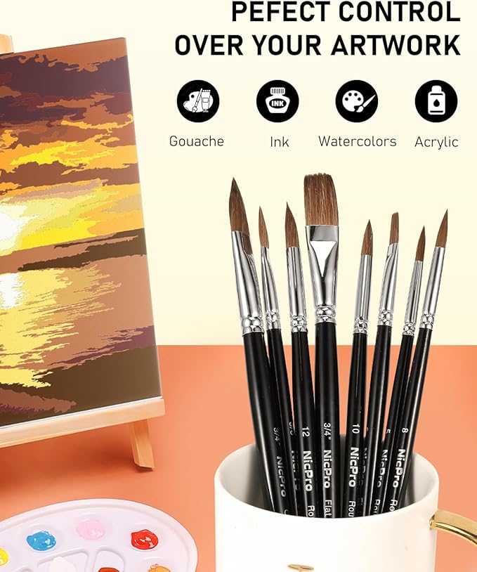 Nicpro Kolinsky Sable Watercolor Brushes, Round Pointed, Cat's Tongue Oval Wash - Image 4