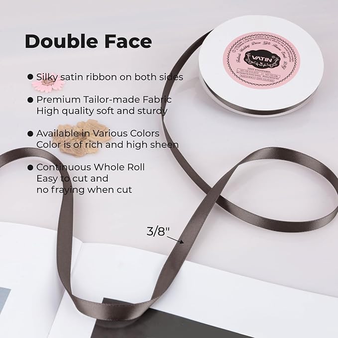 VATIN Double Face Dark Olive Satin Ribbon 3/8" Continuous 50 Yards, Dark Olive - Image 2