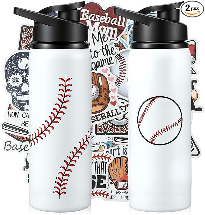 Ceenna 2 Pcs 24 oz Baseball Water Bottle with 50 Stickers, Stainless Steel Insulated Travel Tumbler Baseball Gifts for Team Sports Fans, Travel Gym Hiking Cycling Camping Bike Cages