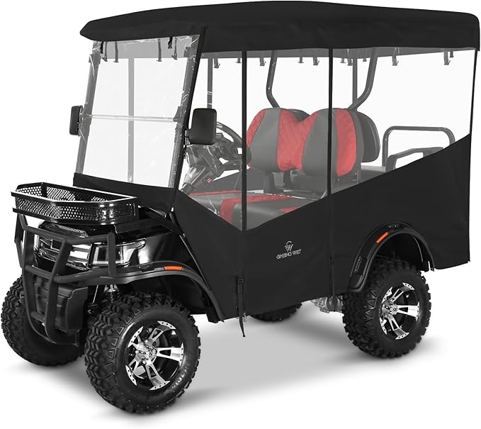 Golf Cart Enclosures 4 Passenger 93 inch Extended Roof for EDACAR Terrain 4 Seater, Clear Rain Cover 4 Sided Transparent Windows Zippers Door Roll Up Driving Enclosure, Side Mirrors Opening (Black)
