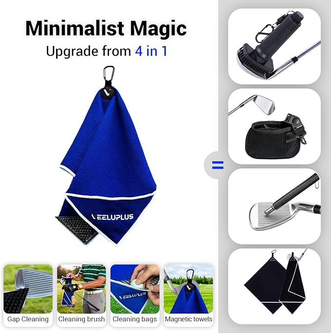 4-in-1 Magnetic Golf Towel with Brush & Cleaning Pocket -Premium Construction Golf Towel- Super Strong Golf Club Cleaner- Microfiber Waffle Design-15.7" X 23.6" Golf Accessories and Gifts for Men