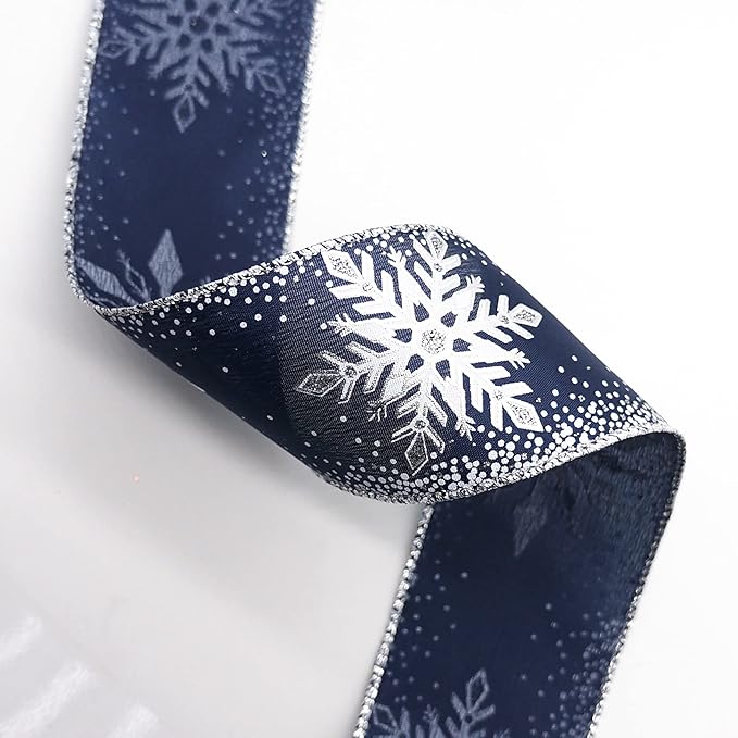 CT CRAFT LLC Navy Satin with Silver Snowflake Wired Ribbon 2.5 Inch x 10 Yards - Image 2