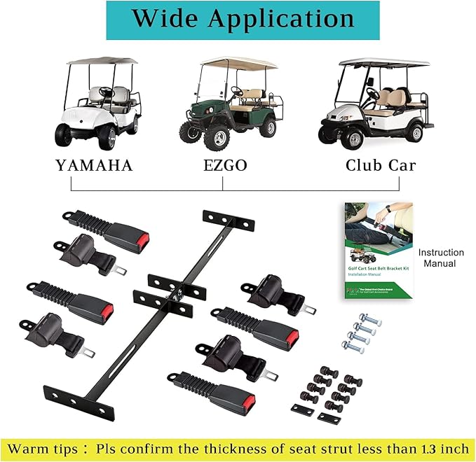 10L0L 4PCS Universal Retractable Golf Cart Seat Belt Kit with Bracket for Yamaha, EZGO, Club Car