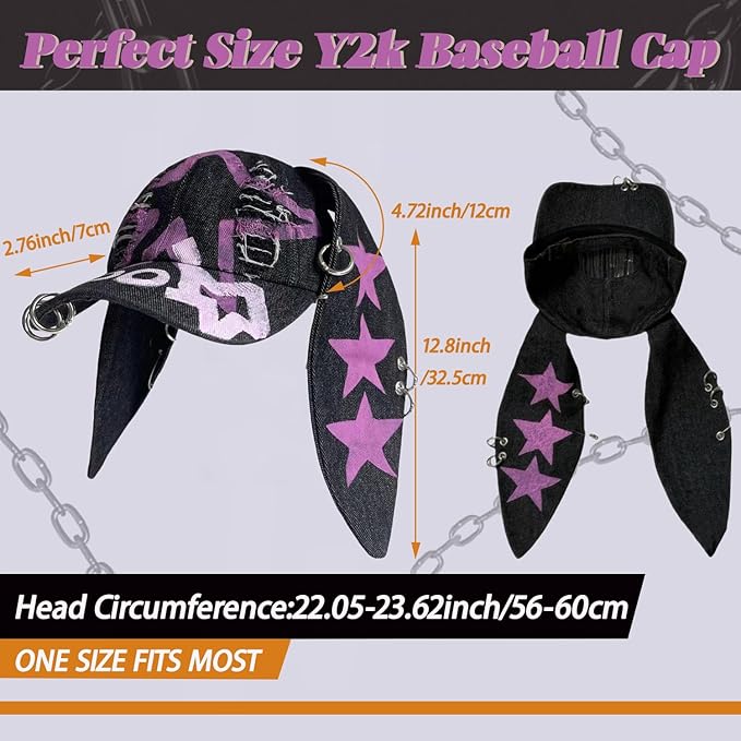 Y2k Hat Punk Hats Denim Bunny Hat Chains Distressed Baseball Cap Kpop Outfits Y2k Grunge Hats for Women