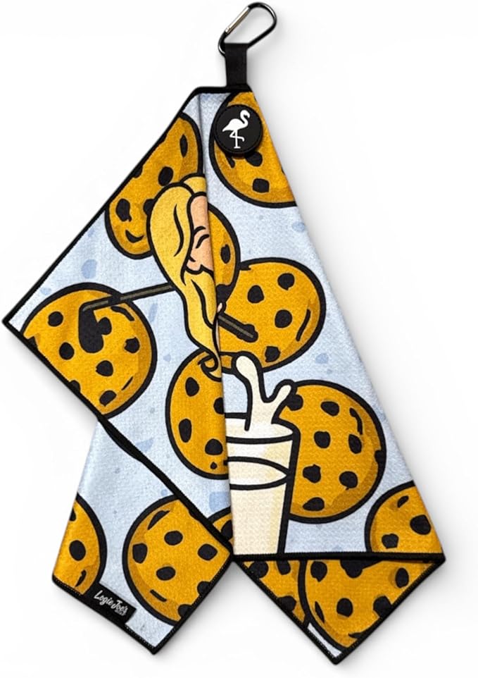 Logie Joe's Novelty Golf Towel | Premium Double-Sided Microfiber | Magnetic Towel w/Carabiner | 24 x 16 in (Adult Humor Designs) (Milk & Cookies)
