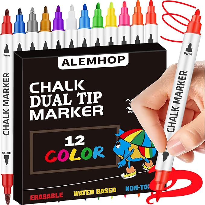Stocking Stuffers, Liquid Chalk Markers Dual Wide & Fine Tip, 12 Colors Car by ChalkMarkersNo-Need-Press