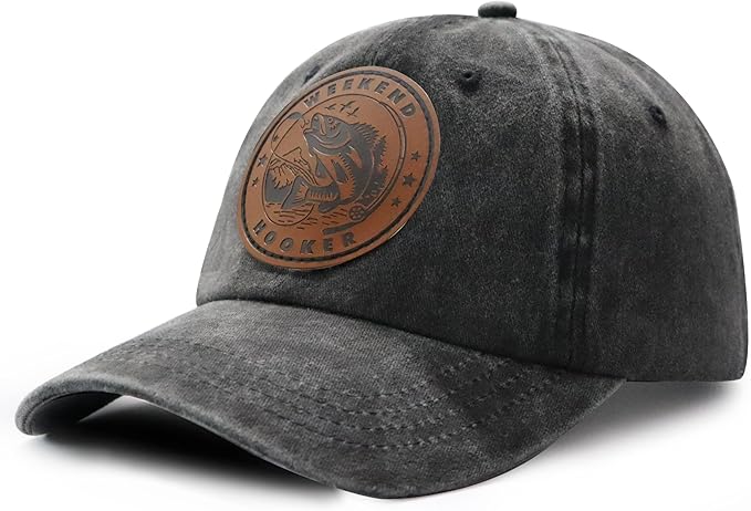 Weekend Hooker Hat for Men Women, Vintage Cotton Fish Decor Leather Patch Baseball Cap for Fishing Lovers Dad Mom