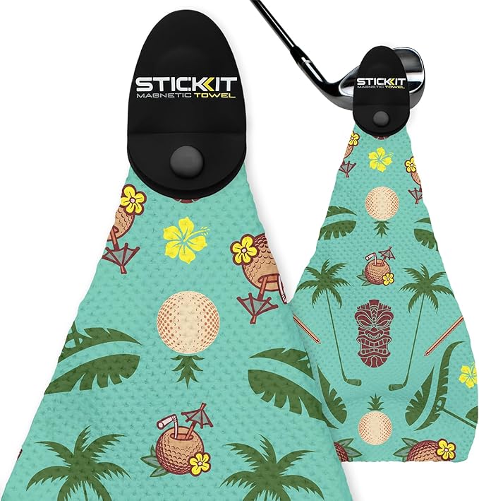STICKIT Magnetic Golf Towel - Ultra-Absorbent with Waffle Weave Microfiber - Golf Towel with Magnet for Bags, Clubs & Carts - Removes Dirt, Grass, & Debris from Club Face - 29” x 29” (Teal Tiki)