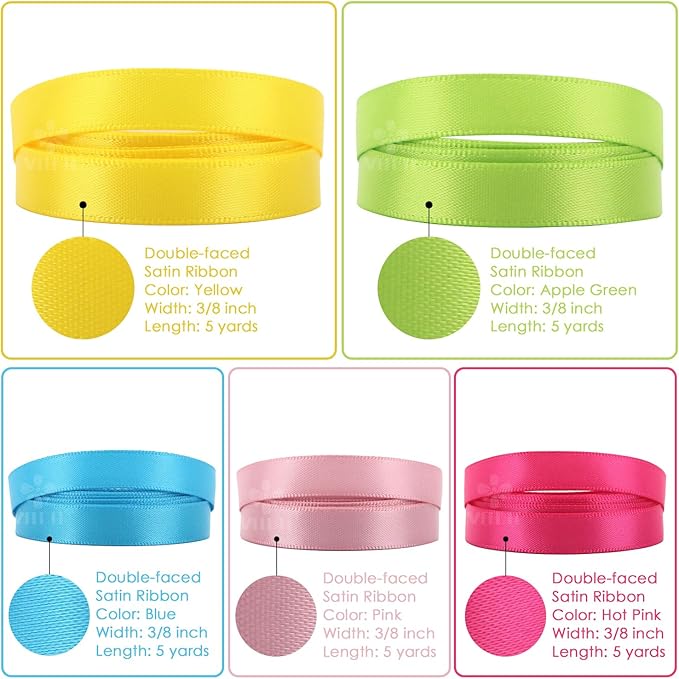 MEEDEE Rainbow Ribbon Solid Color Assortment 10 Colors Double Face Satin Ribbon - Image 3