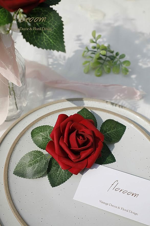 Floroom Artificial Flowers 25pcs Real Looking Dark Red Ombre Colors Foam Fake - Image 6