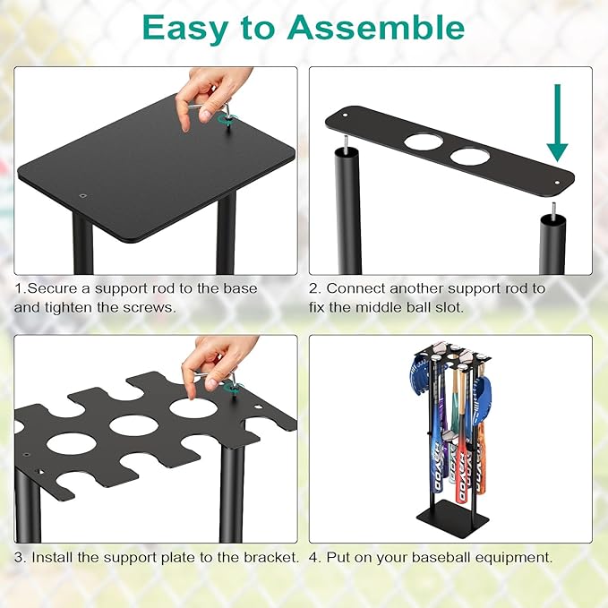 QBA Baseball Bat Holder Stand, Free Standing Bat Rack Holds Up to 8 Bats, 5 Balls, 4pcs Gloves, Bat Organizer for Home Garage Dugout, Black