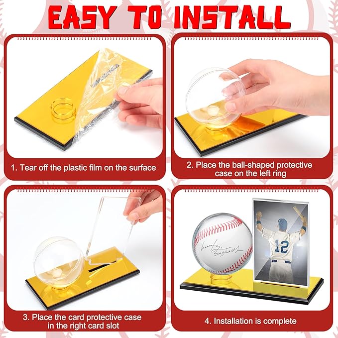 DoubleFill Acrylic Baseball Display Case for Ball and Cards Clear Base Ball Holder Gold Stand Set Centerpieces Protector Memorabilia Showcase for Official Size Baseball(Small)