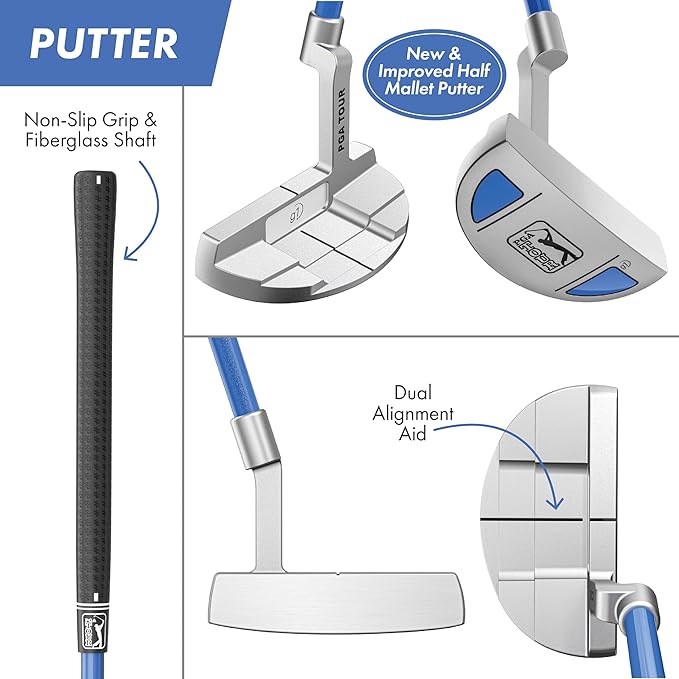 PGA Tour Youth Golf Club Set for Ages 5-15+ (3’5”-5’10”), Right and Left-Handed Kids Golf Sets – Beginner Junior Golf Clubs with Lightweight Stand Bag, Mallet Putter, Hybrid, Driver
