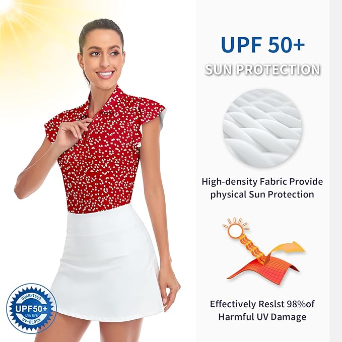 Soneven Womens Petal Sleeve Golf Shirts Moisture Wicking Lady Golf Apparel Print Tennis Sport T Shirt
