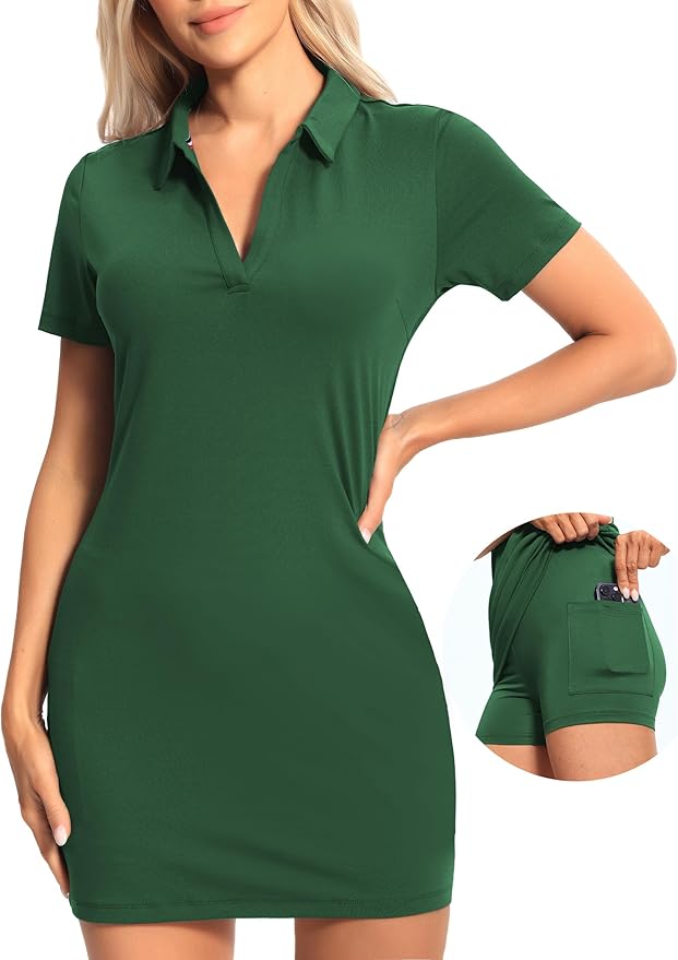 Hiverlay Golf Dresses for Women with Shorts and Pockets, V-Neck Short Sleeve Tennis Dress, Workout Athletic Dresses