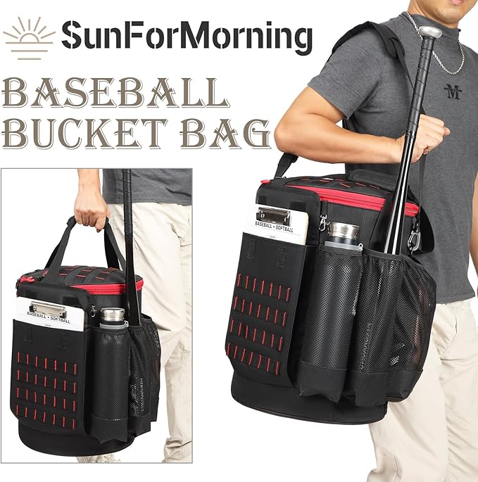Baseball Bucket Bag Baseball Coaching Accessories Organizer Tactical Style Softball Bucket Bag with Anti-Slip Bottom, Multiple Pockets for Bat, Gloves, Scoreboards