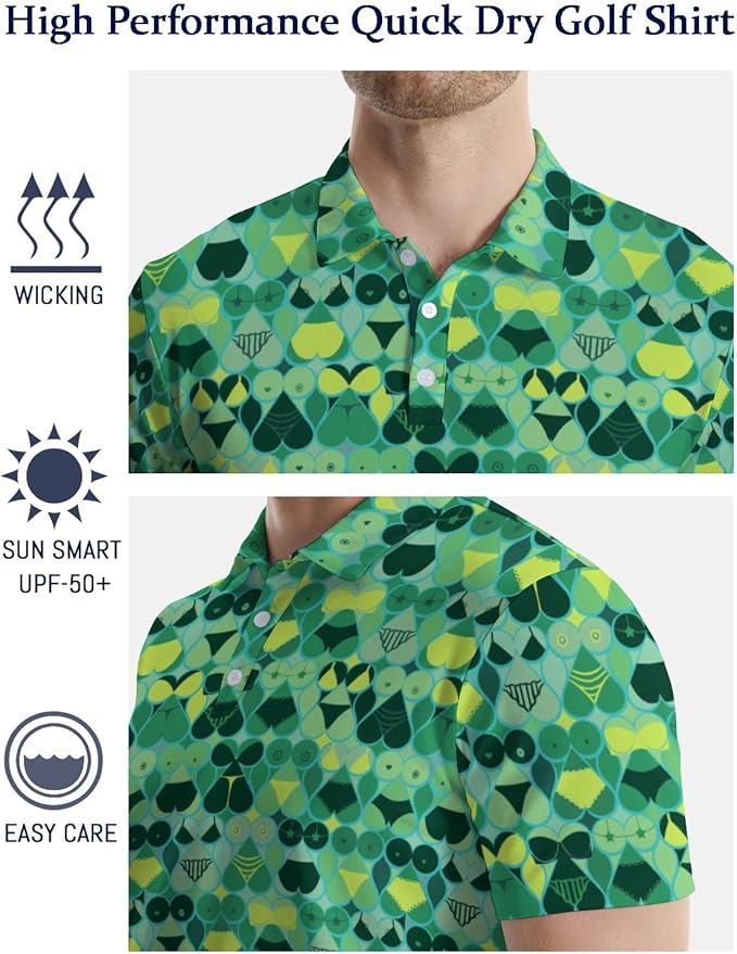 HUURAY Funny Golf Polos for Men Funny Print Short Sleeve Shirts Quick Dry Polo Shirts Hawaiian Shirt Performance Golf Outfits