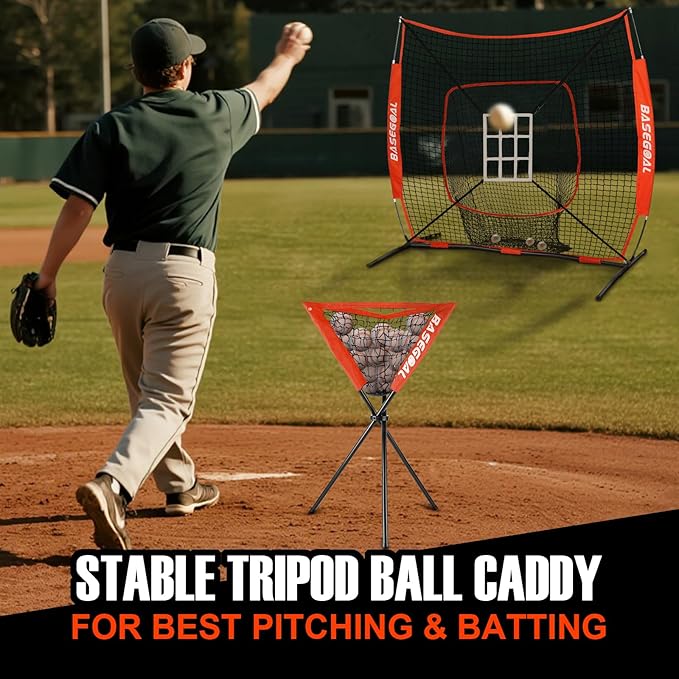 BaseGoal 6'×6' Baseball Softball Practice Net,Baseball Backstop,with Batting Tee,Ball Caddy,for Hitting Pitching Batting Catching with Bow Frame,Bonus Strike Zone,Target,Portable and Foldable
