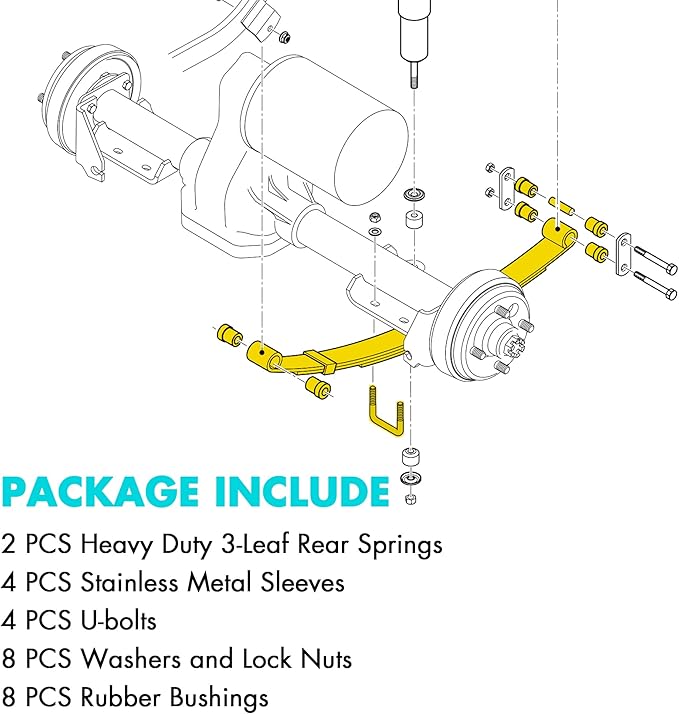 10L0L Golf Cart Heavy Duty 3 Leaf Spring Kit for EZGO TXT Medalist 1995-2013, Complete Set with Bushings, Sleeves & U-Bolts, Replaces 70506-G01, 74135-G01, 74207-G01, 74207-G03 (2-Pack Springs)