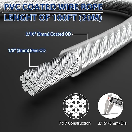 3/16" Wire Rope, 100Ft PVC Coated Steel Cable 7×7 Strand Core, Ideal Cable - Image 2