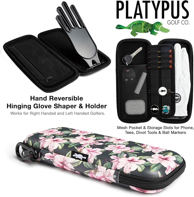 Platypus Golf Co. Golfing Caddie EVA Travel Case Organizer with Bamboo Tees & Ball Marker - Hand Reversible Hinging Glove Shaper & Holder, Mesh Pocket & Storage Slots, Golfers Cases for Men & Women