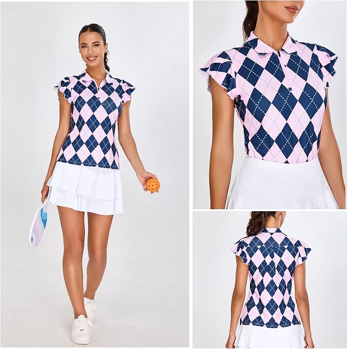 Soneven Womens Petal Sleeve Golf Shirts Moisture Wicking Lady Golf Apparel Print Tennis Sport T Shirt