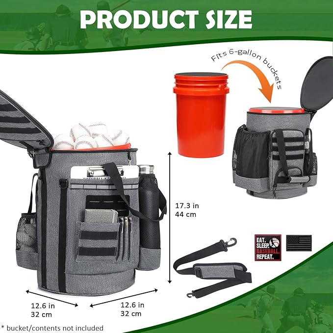 Baseball Bucket Bag Baseball Coaching Accessories Organizer Softball Bucket Bag with Anti-Slip Bottom & Multiple Pockets for Bat, Gloves, Scoreboards