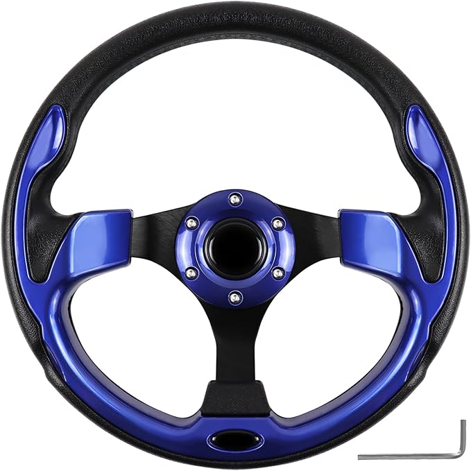 Golf Cart Steering Wheel, Universal Fit, PVC, Black and Blue, Medium Grip, For Golf Carts, Club Car, EZGO, RXV, TXT, Yamaha, Precedent, Tempo, DS