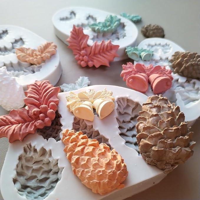 4PCS Christmas Fondant Molds, Christmas Holly Leaves Bells Pinecone Silicone - Image 5