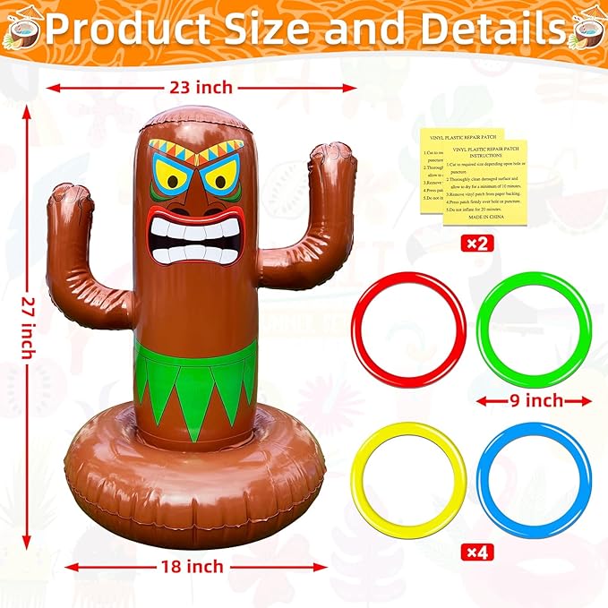 25" Inflatable Luau Tiki Pool Toss Games, Tiki Pool Ring Toss Toys - Image 2
