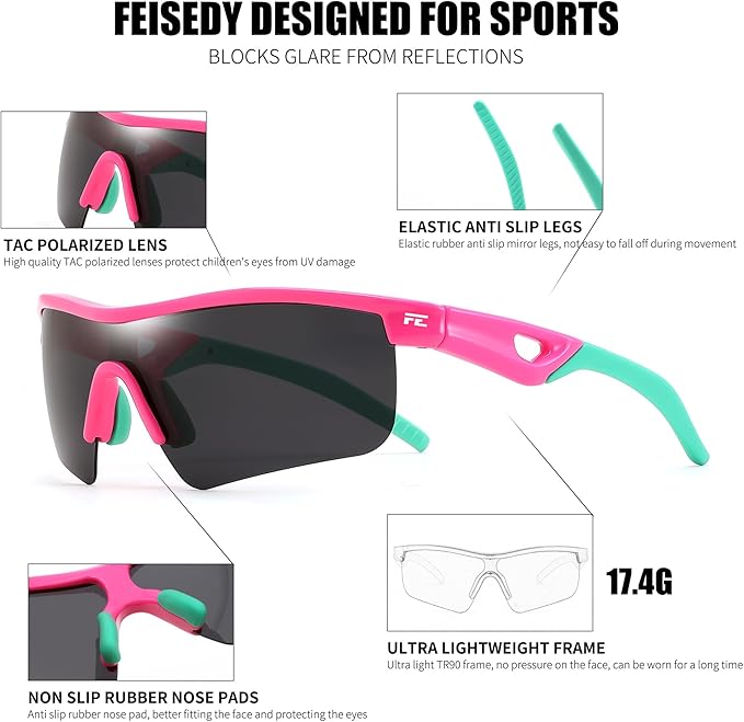 FEISEDY Kids Teens Baseball Polarized Sunglasses Sports TR90 Frame Boys Girls Cycling B2454