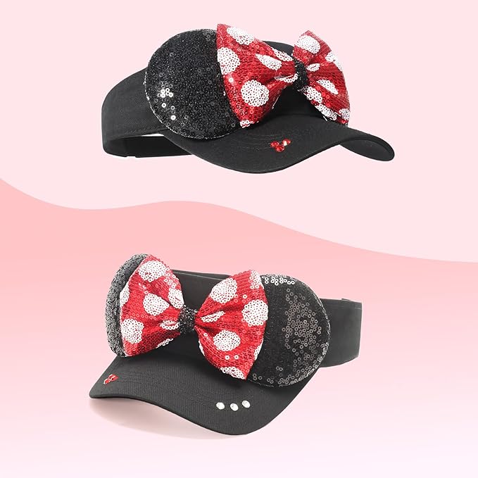 Adult Size Mouse Ears Visors for Women, Adjustable Sun Visor Hat Baseball Cap with Sequin Mouse Ears Bow for Theme Park Decor
