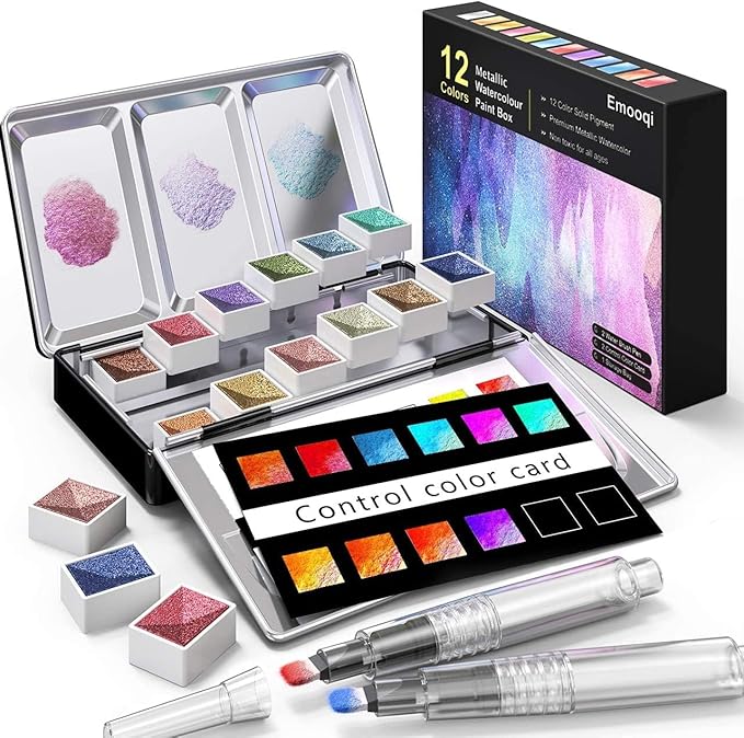 Emooqi Watercolor Paints Set, Metallic Glitter Watercolour Solid Paint Include by Emooqi