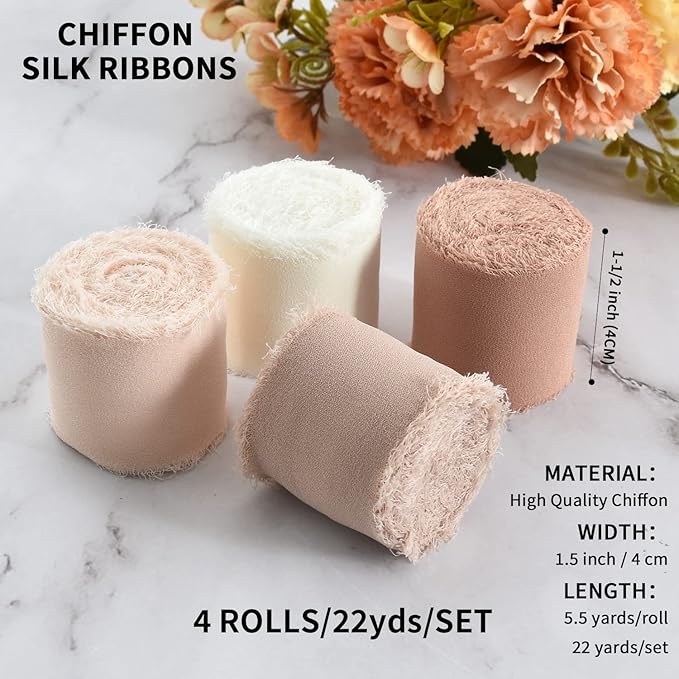 TONIFUL 4 Rolls Silk Chiffon Ribbon, 1-1/2 Inch x 22yds, Handmade Fringe Silk - Image 2