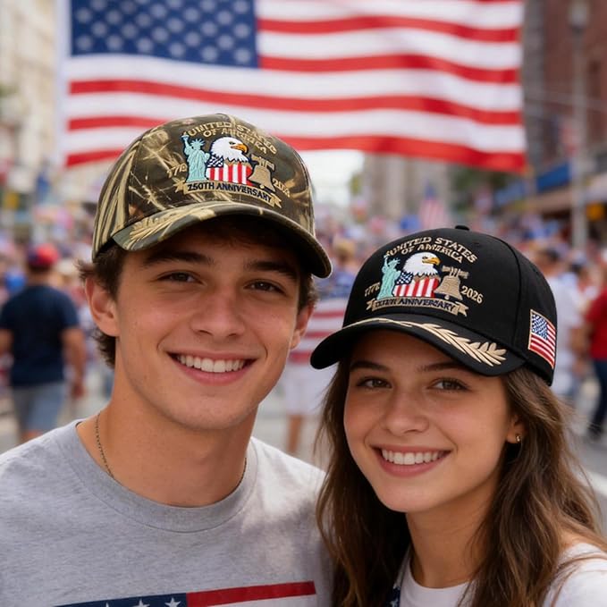 2 Pack 250 Anniversary USA Hat Embroidered Eagle & Liberty，Adjustable Patriotic American Flag Baseball Caps for Men Women