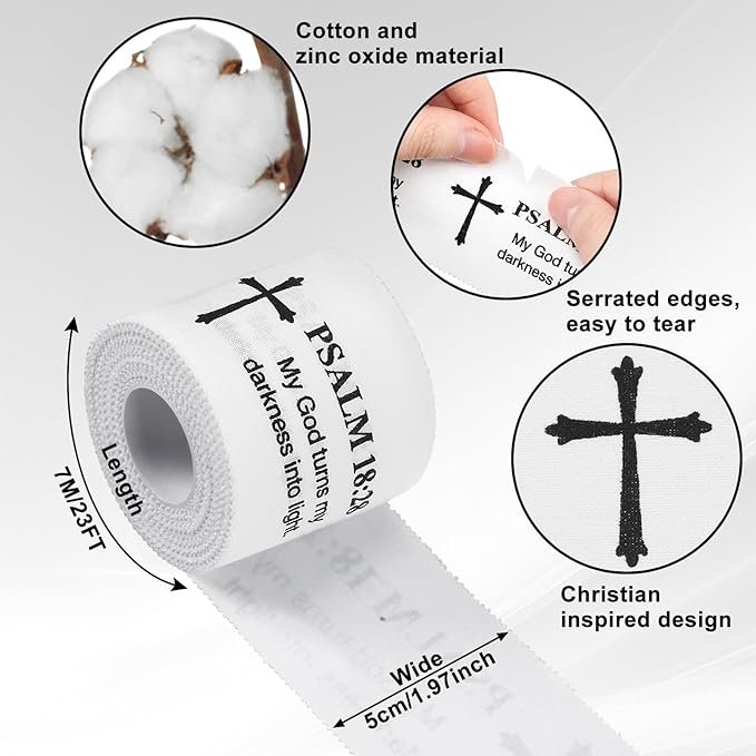 MiniInflat 2 Pcs Christian Cross Athletic Tape Sports Tape 2in x 23ft Religion Jesus Wrist Wrap for Soccer Football Baseball, Gift for Graduation Teacher Nurses Week Pentecost(White,Psalm 18:28)