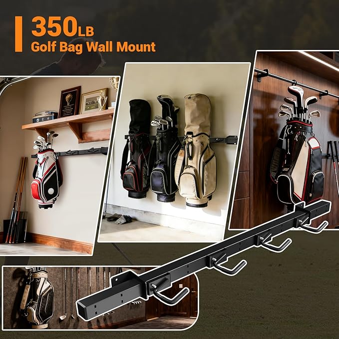 Golf Bag Wall Mount for Garage, Golf Bag Storage Rack, Adjustable Hook, Heavy-Duty Wall Mount Organizer for Golf Bags & Accessories