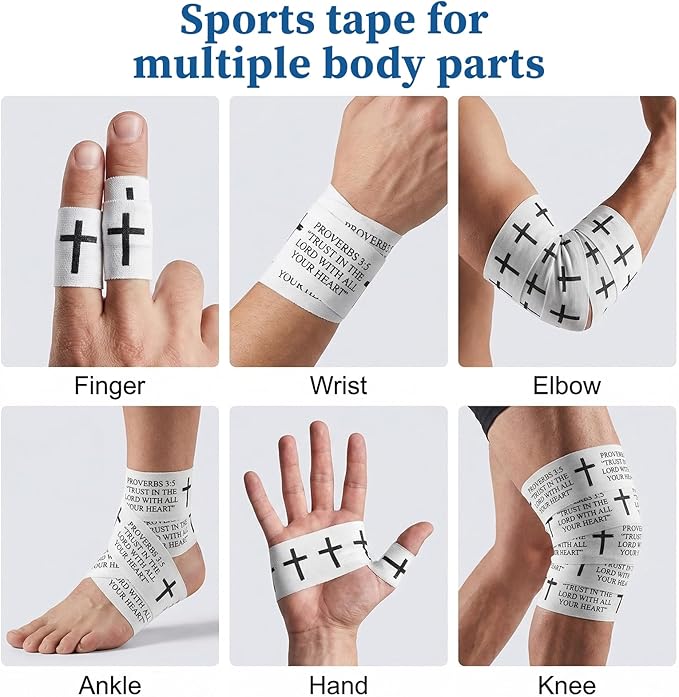 2 Pack Christian Cross Wrist Tape Athletic Sports Faith Bible Verse 2in x 23ft, Cotton White Baseball Wrist Tape Soccer Football Wristband Serrated Edges for Ankle Fingers Injury Wrap Gymnastics