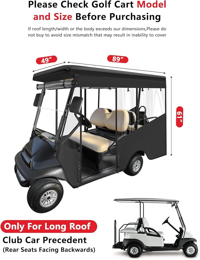 Golf Cart Enclosures 4 Passenger,Golf Cart Cover for Club Car Precedent Long Roof 2+2 Seater,Waterproof 600D Driving Rain Cover,Roll Up 4-Sided Clear Windows&Door,Club Car Golf Cart Cover Accessories