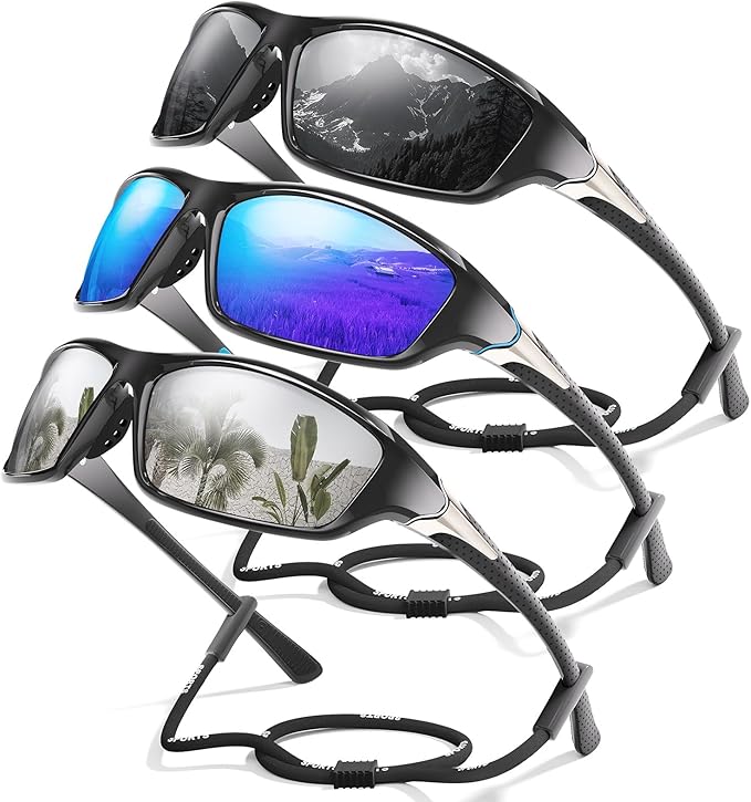 3 Pack Polarized Sports Sunglasses for Men, Mens Sunglasses Wrap Around UV Protection for Cycling Fishing Driving