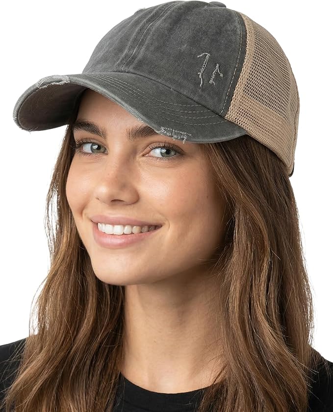 Funky Junque Trucker Hat for Women – Distressed Low Profile Western Camo Baseball Cap with Mesh, Trendy and Adjustable Fit