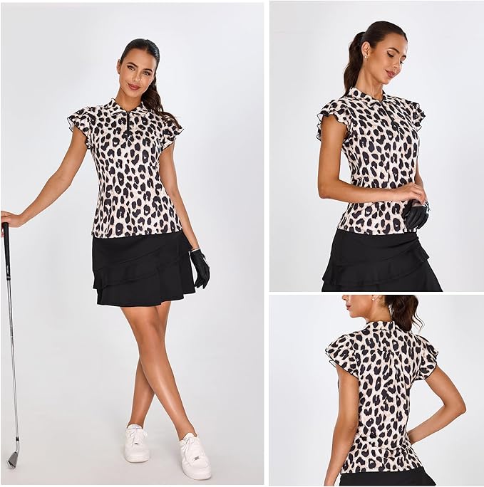Soneven Womens Petal Sleeve Golf Shirts Moisture Wicking Lady Golf Apparel Print Tennis Sport T Shirt
