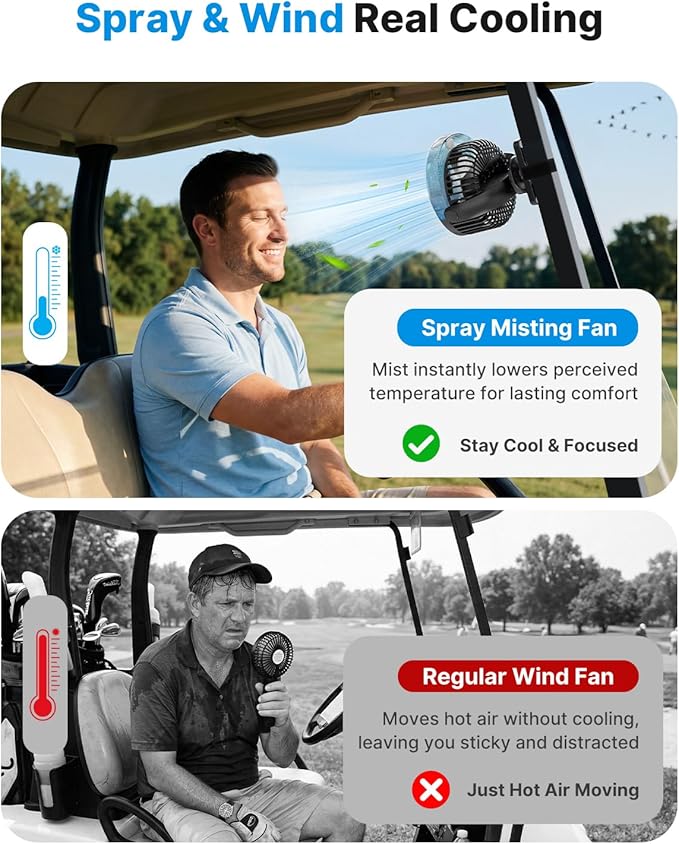 BOYISEN Magnetic Golf Cart Misting Fan Rechargeable, 12000mAh Battery Operated USB Portable Fan with 4 Speeds, Spray, LED, Timers, Ideal for Club Car, Golf Cart & Cruise Ship Travel Accessories 2-Pack