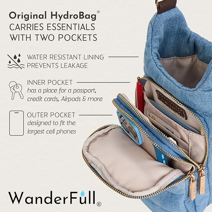WanderFull® Original HydroBag® Collection, Water Bottle Holder, Gift for Women, Mom, Girlfriend, w/Strap & Phone Pocket, Hands-Free Crossbody Water Bottle Bag